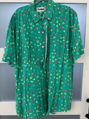 Tipsy Elves Green Short-Sleeve Button-Up with Multicolor Lucky Motifs